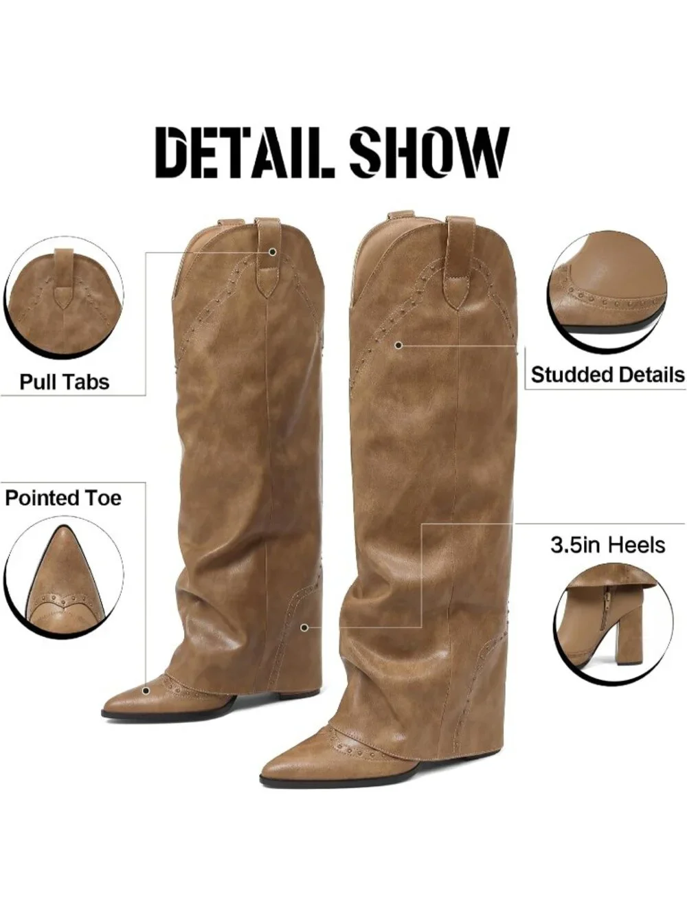 Women's Khaki Chunky Heel Elegant Cowgirl Fold Over Knee High Shark Boots